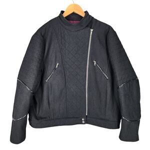 ASOS Quilted Moto Jacket 14 Women Black Bomber Wool Faux Leather Trim Biker READ